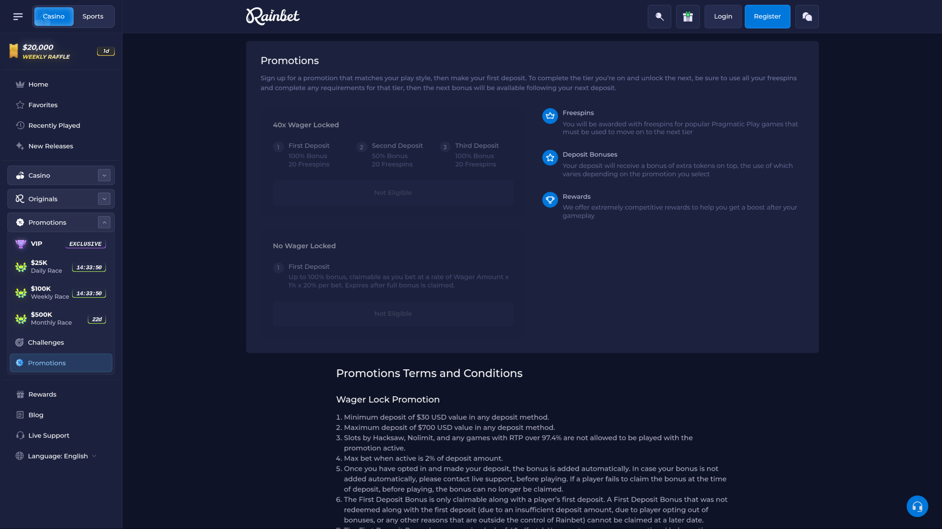 Rainbet Casino Desktop Promotions