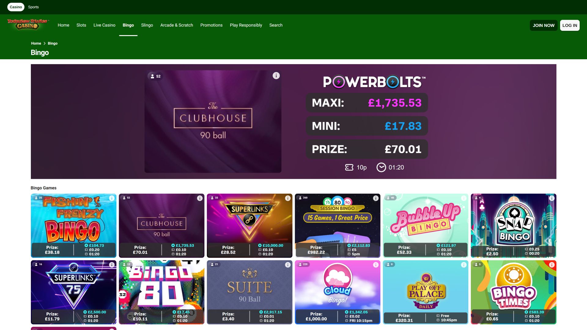 Bingo de Rainbow Riches Casino pour Ordinateur