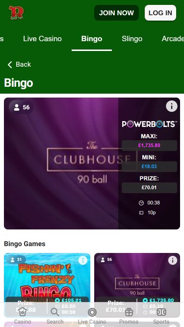 Bingo de Rainbow Riches Casino pour Mobile