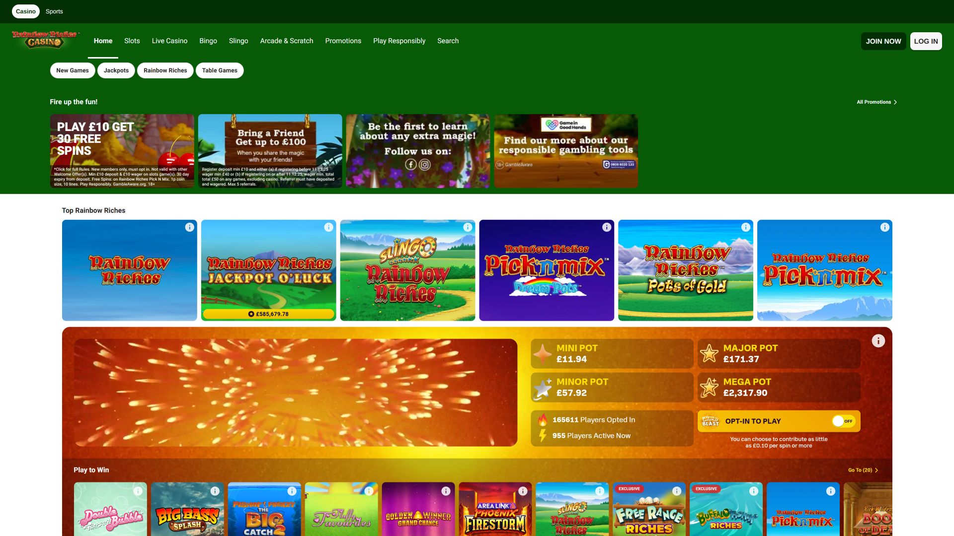 Page d'accueil du casino Rainbow Riches pour ordinateur