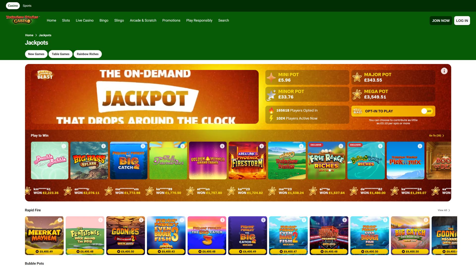 Jackpot du casino Rainbow Riches sur ordinateur