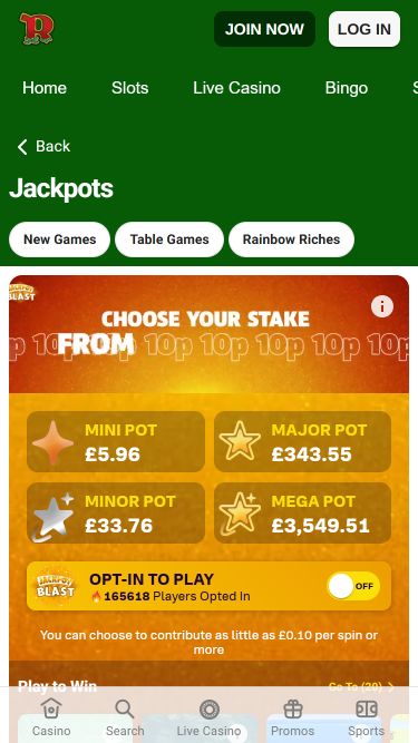 Jackpot mobile du casino Rainbow Riches