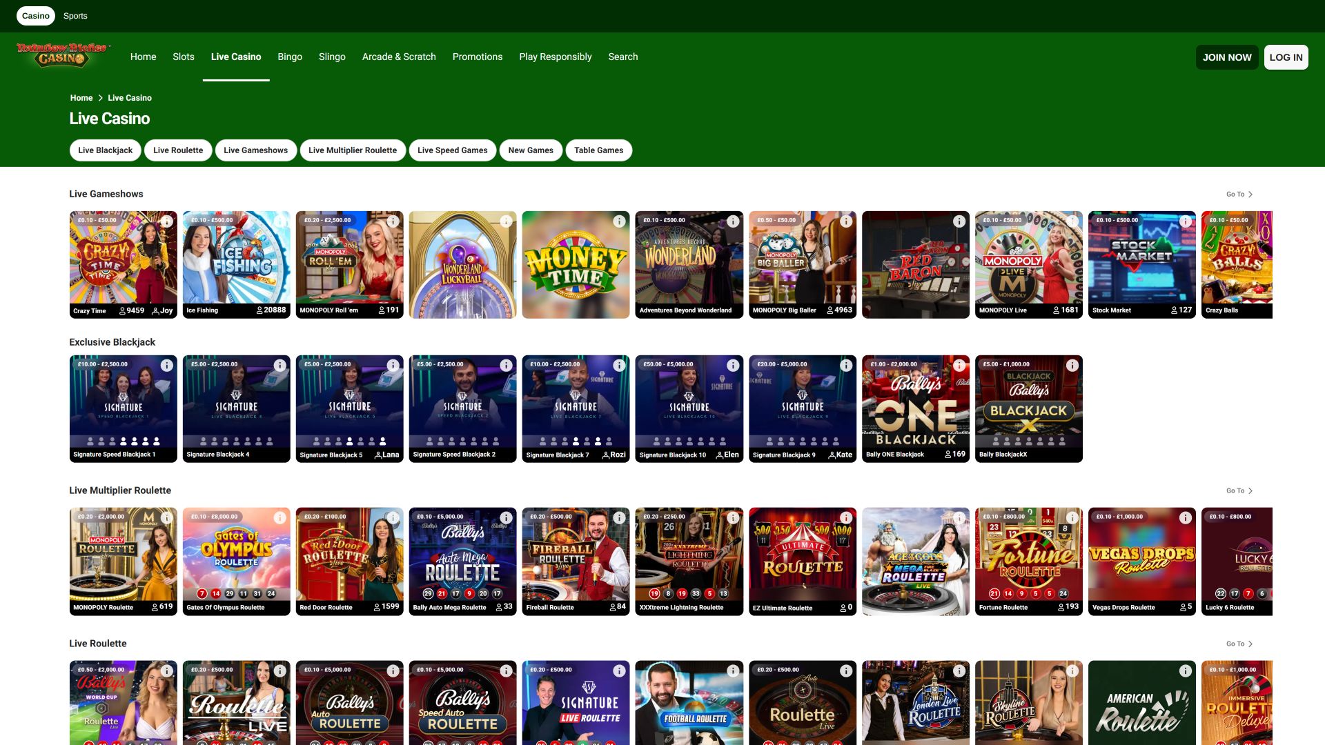 Casino en Direct de Rainbow Riches Casino pour Ordinateur