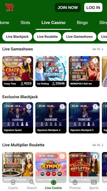 Casino en Direct de Rainbow Riches Casino pour Mobile