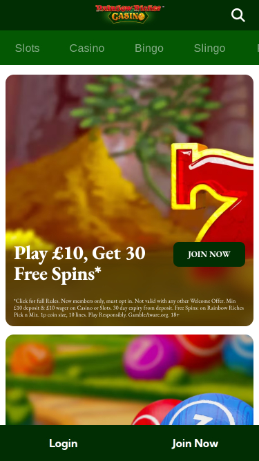 Rainbow Riches Casino Mobile Homepage