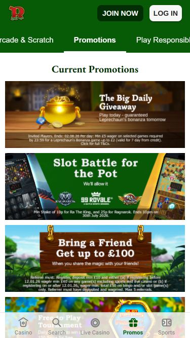 Promotions mobiles du casino Rainbow Riches