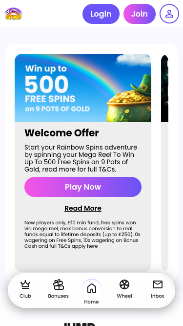 Pagina iniziale mobile di Rainbow Spins Casino