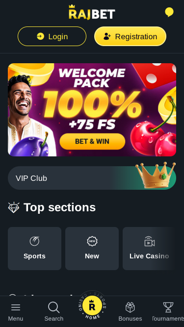 RajBet Casino Mobile Homepage