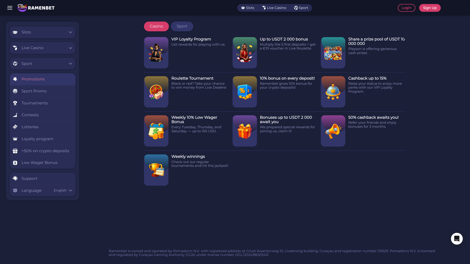 Promotions pour ordinateur de bureau du casino RamenBet