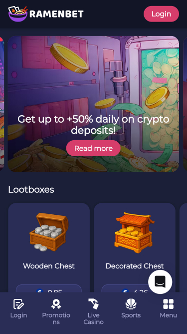 Page d'accueil mobile du casino RamenBet