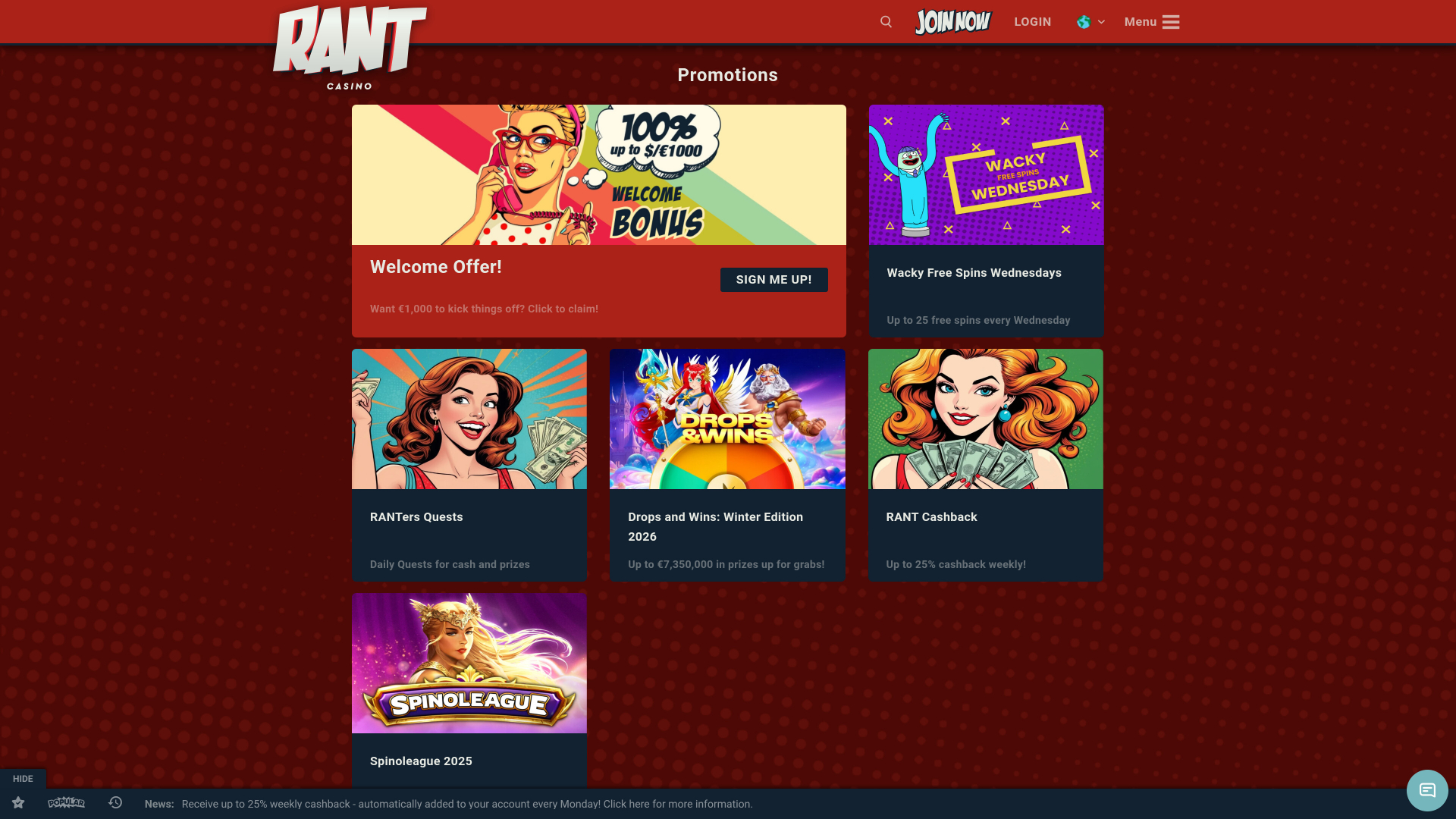 Promozioni desktop di Rant Casino