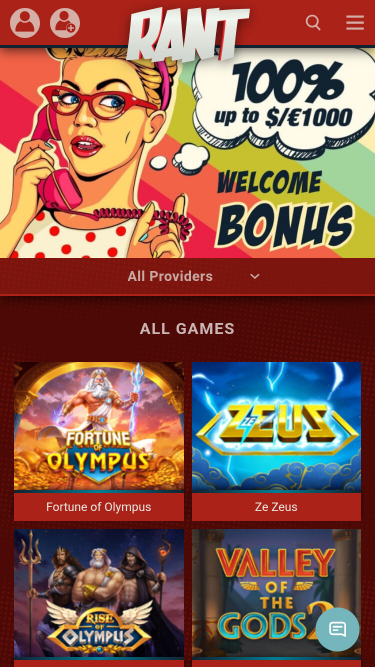 Homepage mobile di Rant Casino