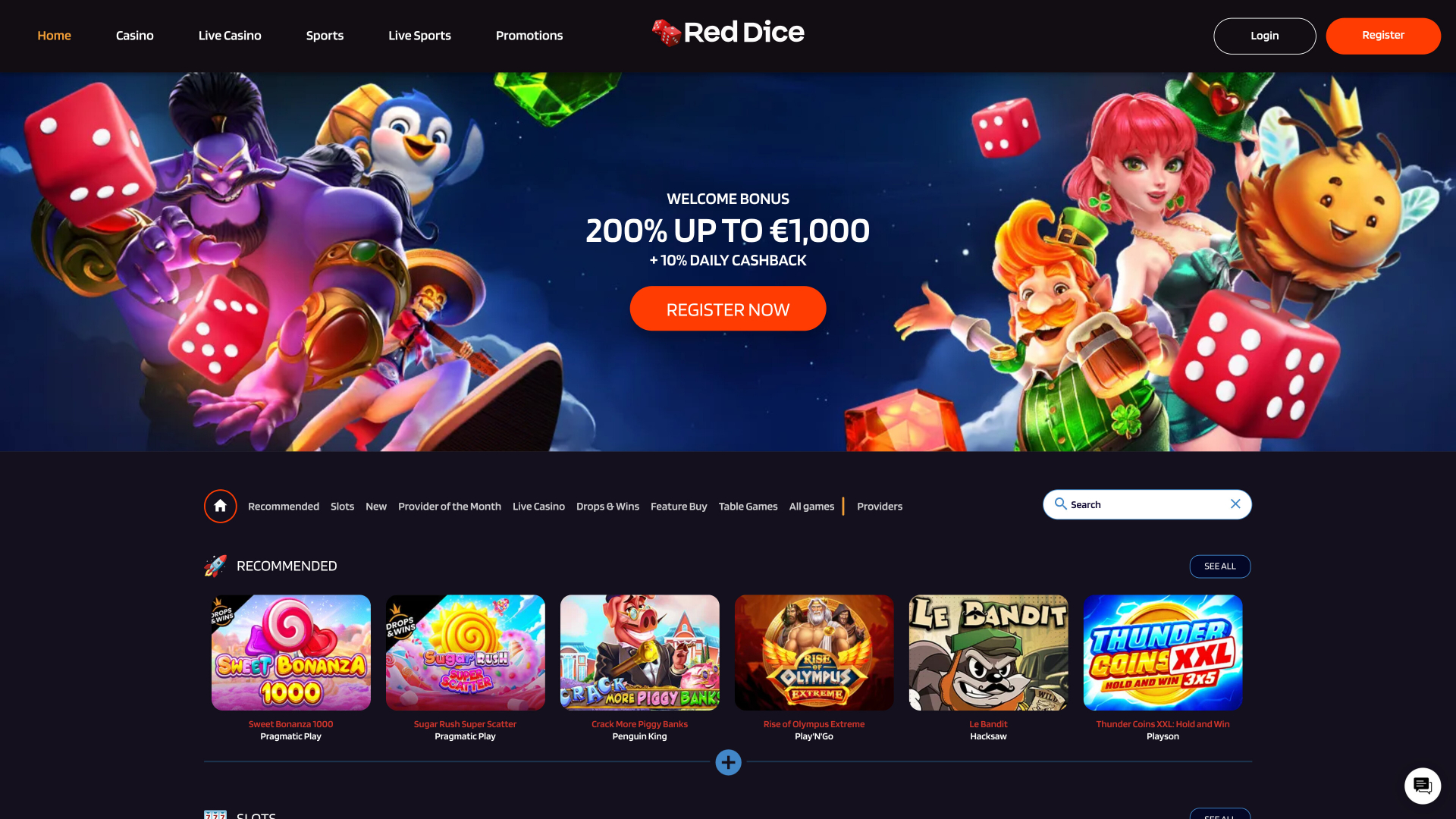 Page d'accueil du casino Red Dice (version ordinateur)