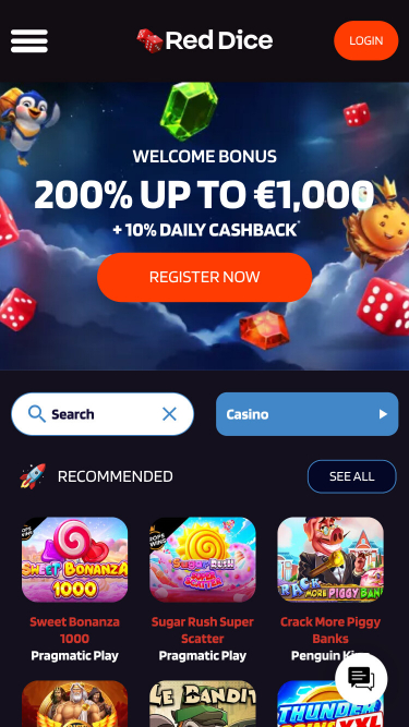 Page d'accueil mobile du casino Red Dice