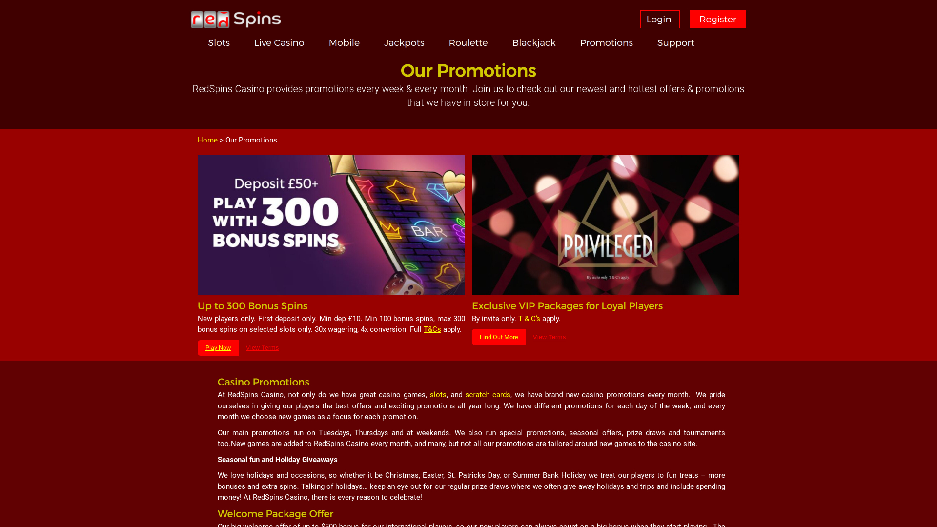 Promotions pour ordinateur de bureau du casino Red Spins