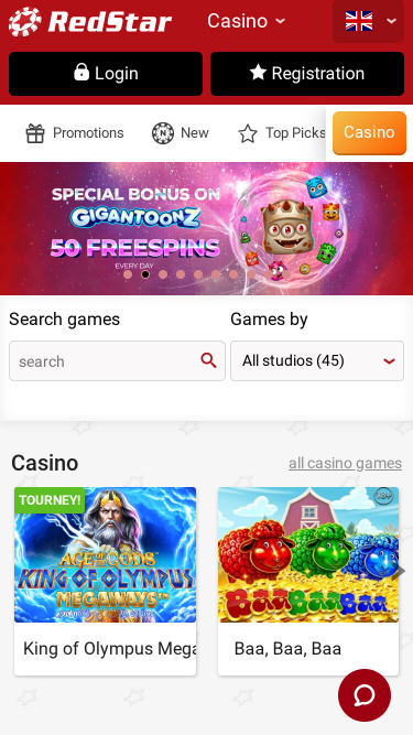Page d'accueil mobile du casino Red Star