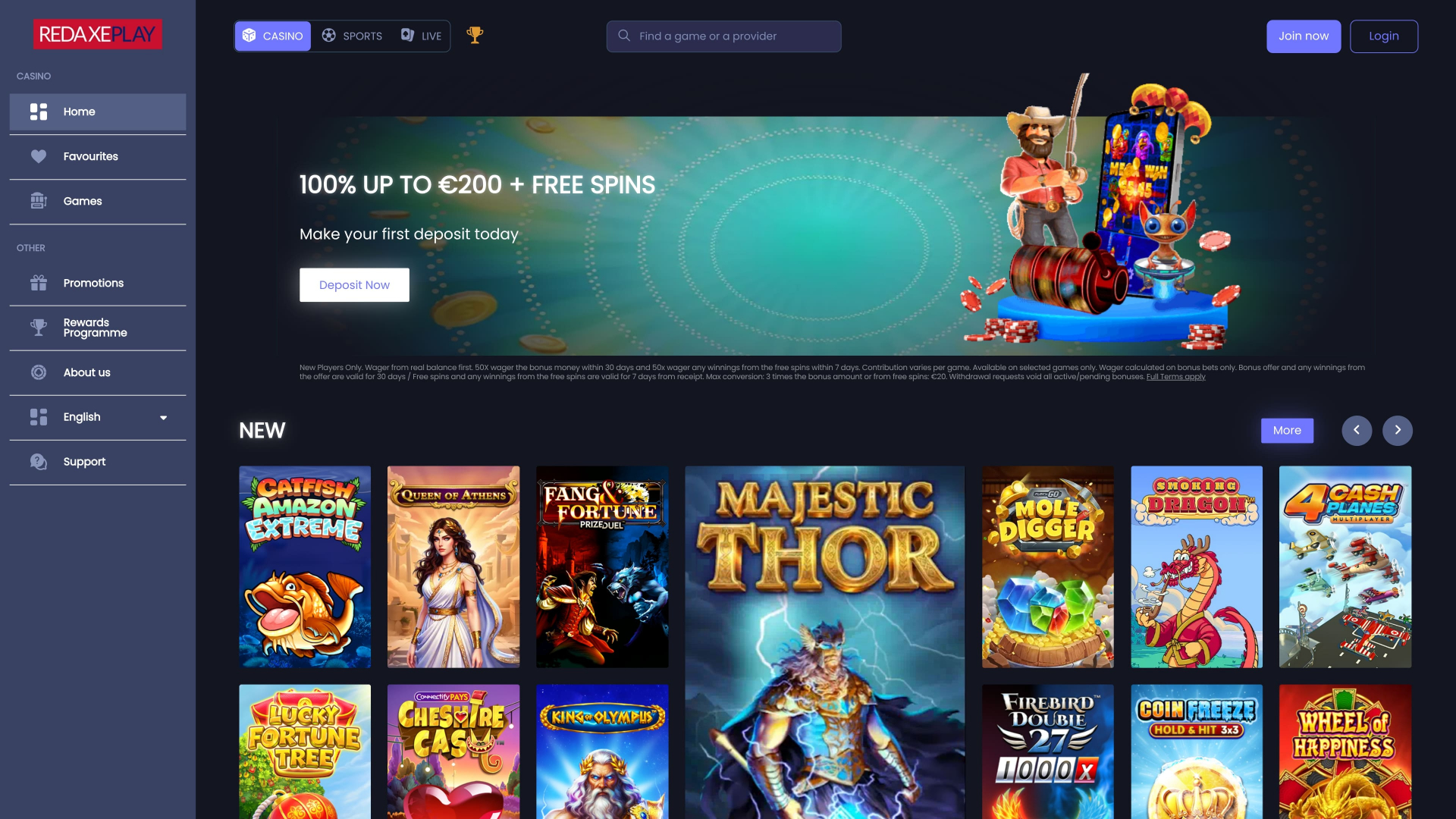 RedAxePlay Casino Desktop-Startseite