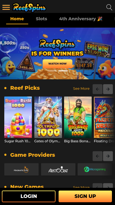 Pagina iniziale mobile di ReefSpins Casino