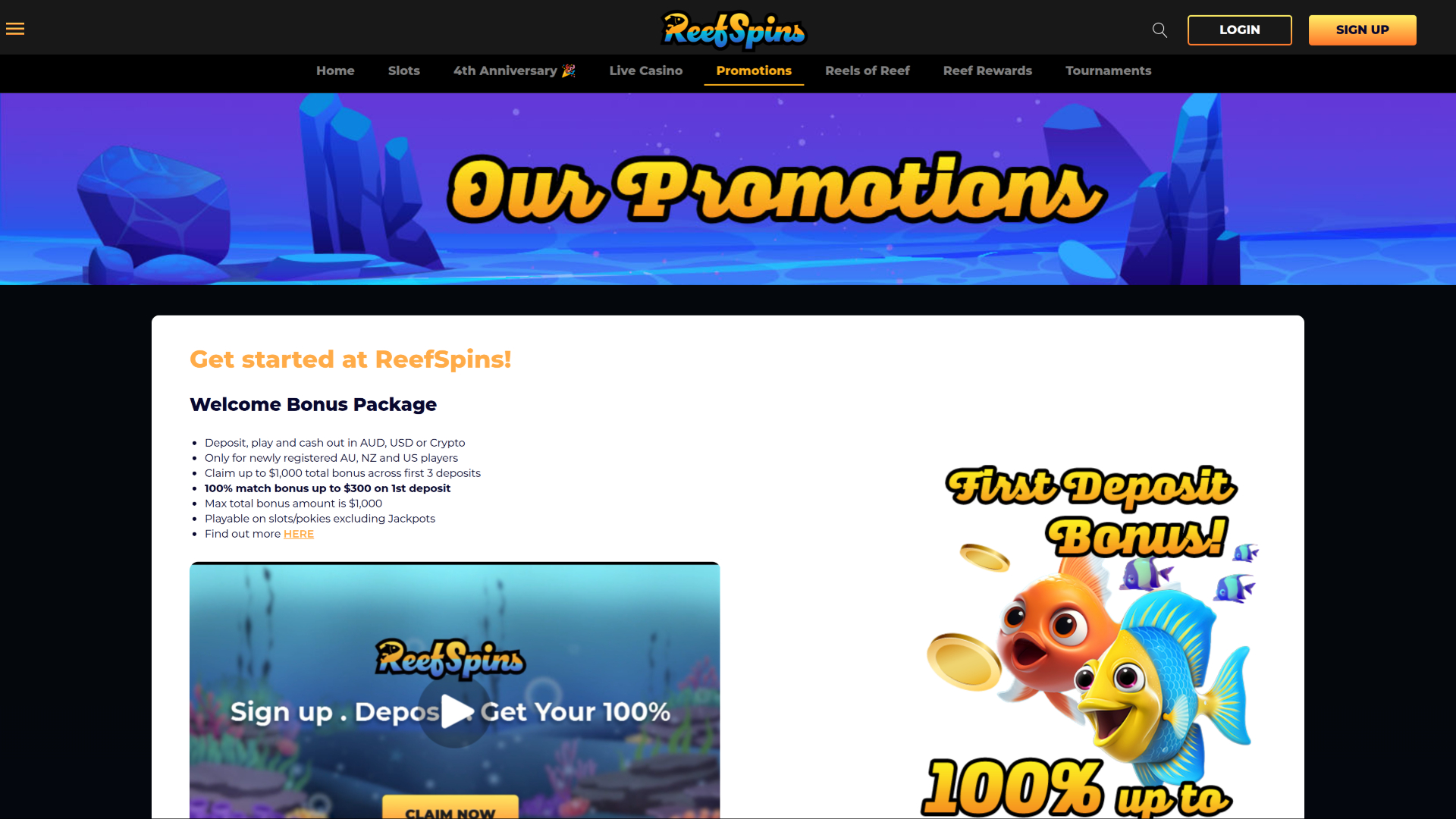 Promozioni desktop del casinò ReefSpins