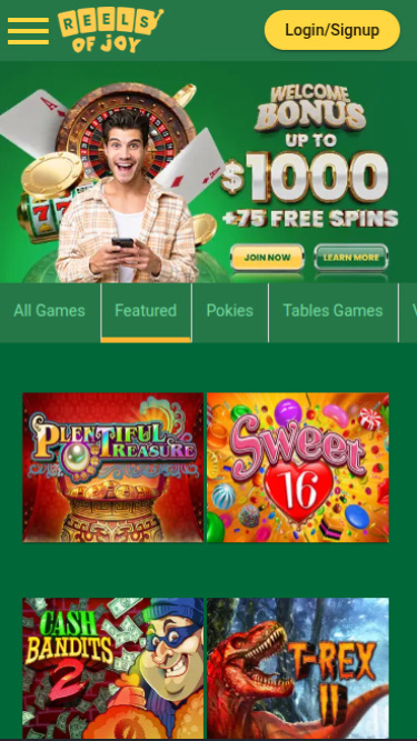 Page d'accueil mobile de Reels of Joy