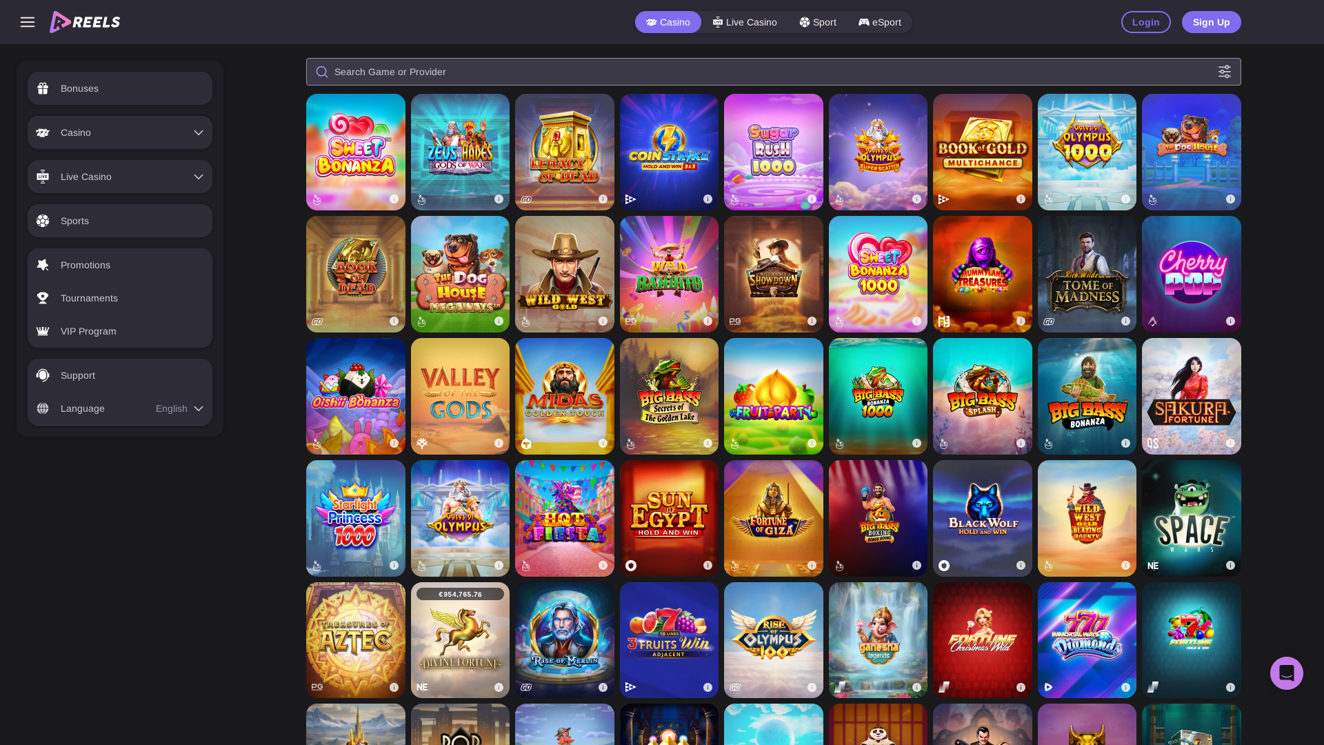 Jeux de casino Reels.io pour ordinateur de bureau