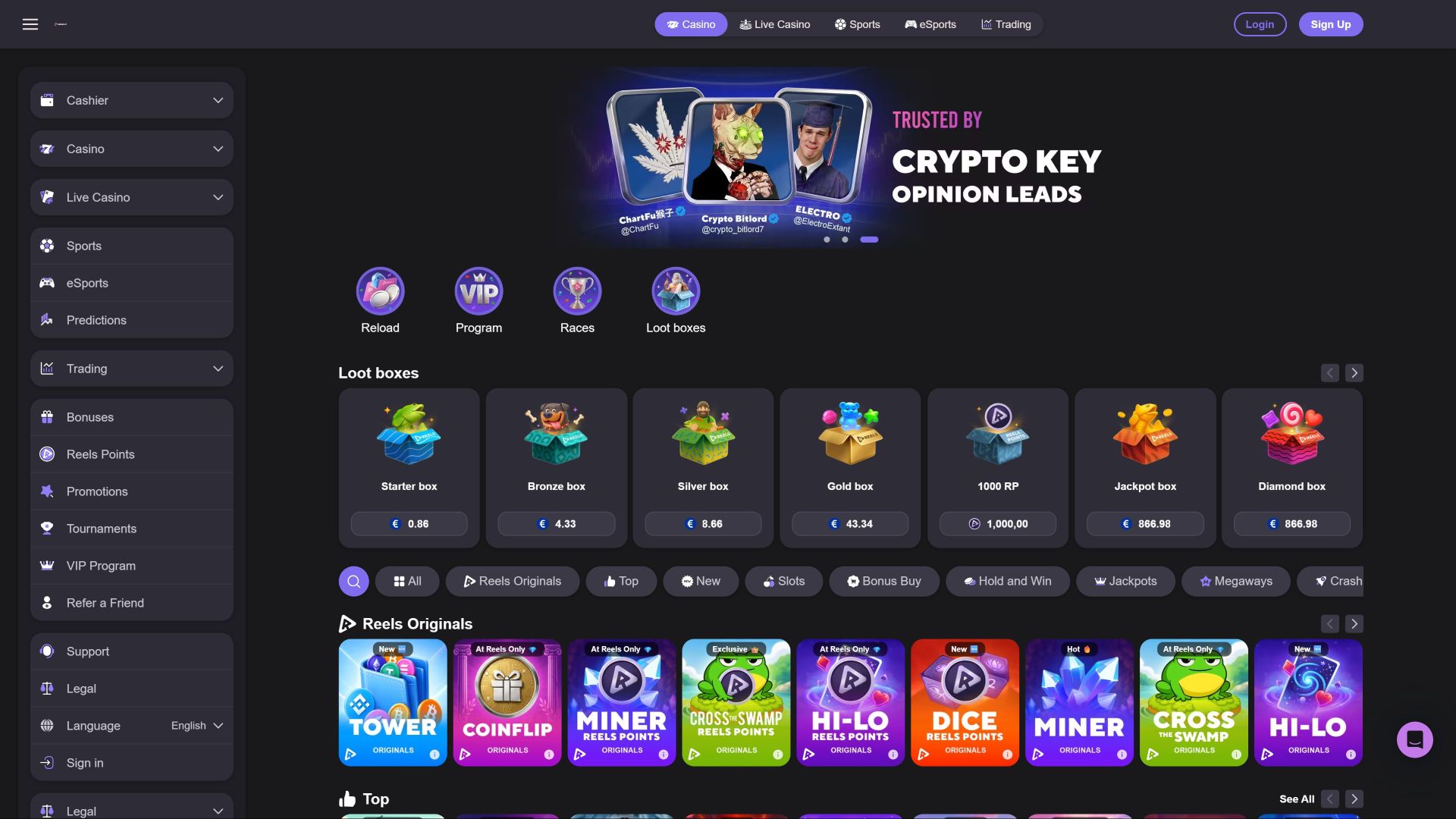 Главная страница казино Reels.io для ПК