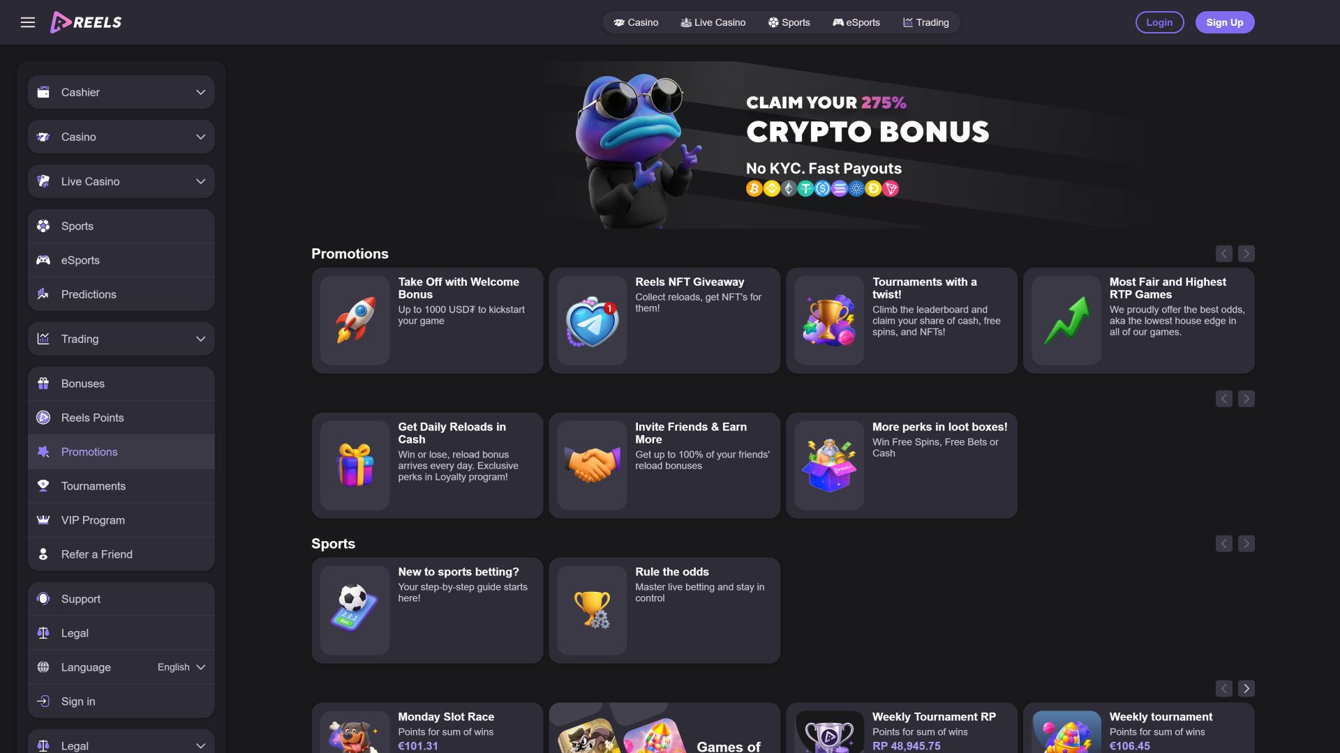 Акции казино Reels.io для настольных компьютеров