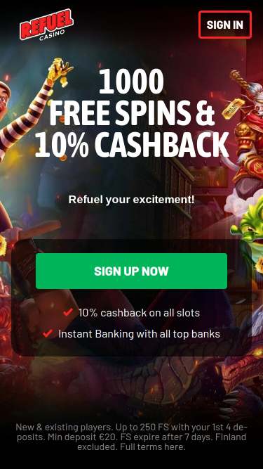 Page d'accueil mobile de Refuel Casino