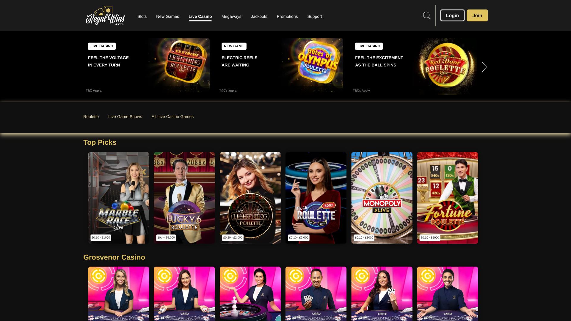 Regal Wins Casino Live-Dealer-Seite