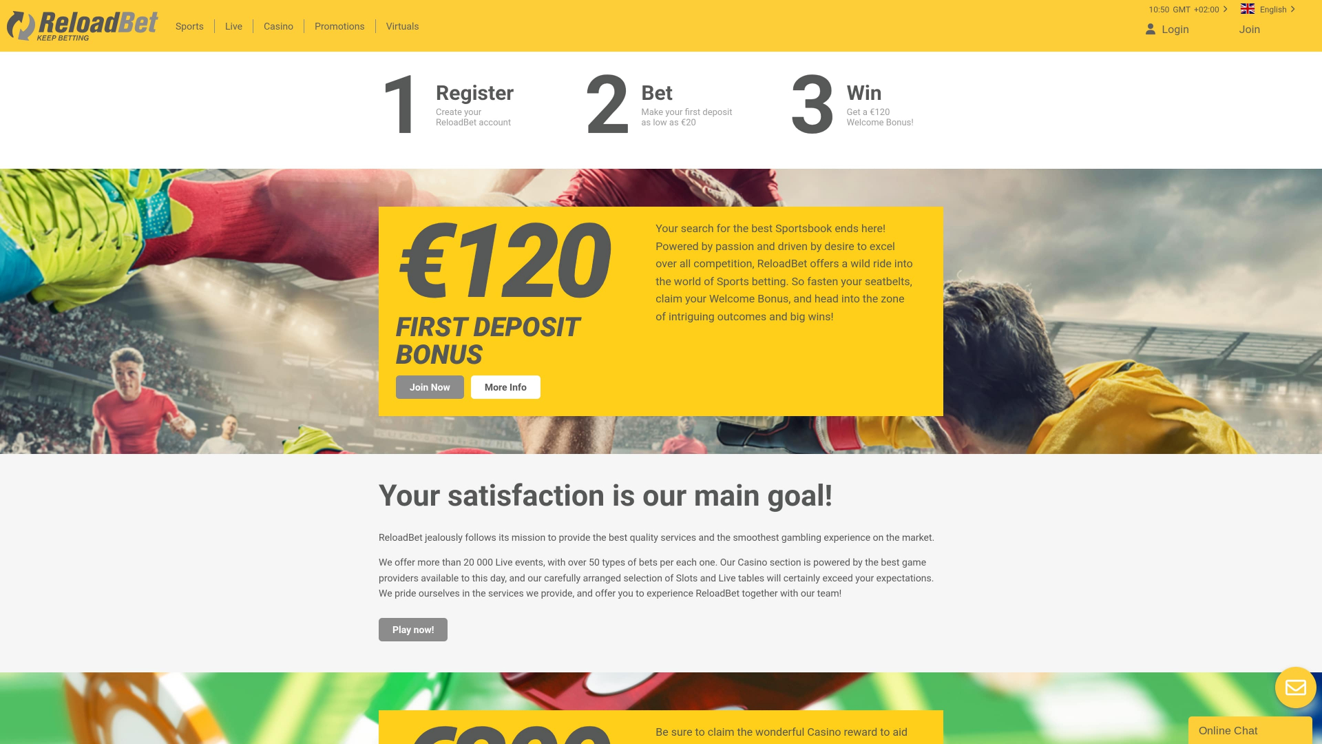 Página de inicio de escritorio del casino ReloadBet