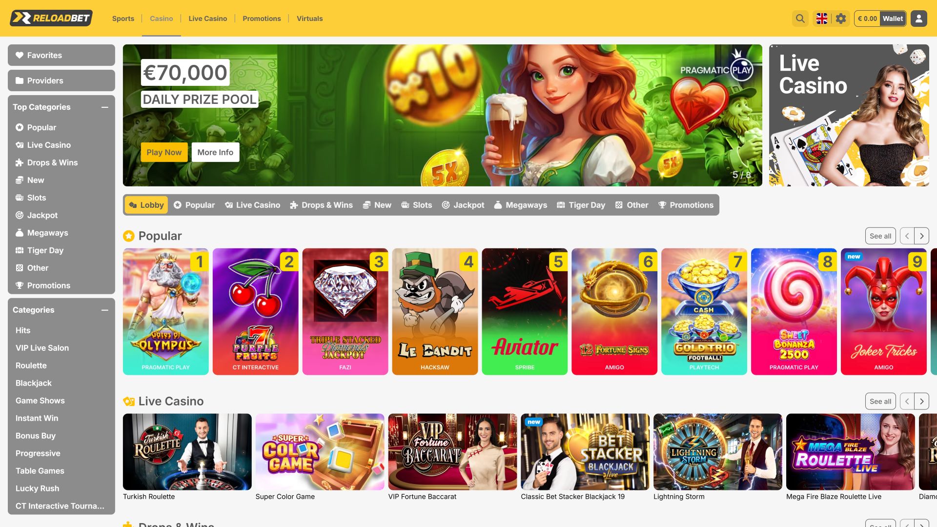 ReloadBet Casino Desktop Homepage