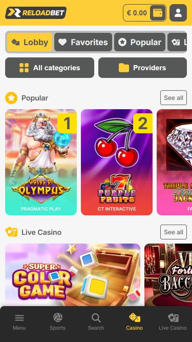 ReloadBet Casino Mobile Homepage