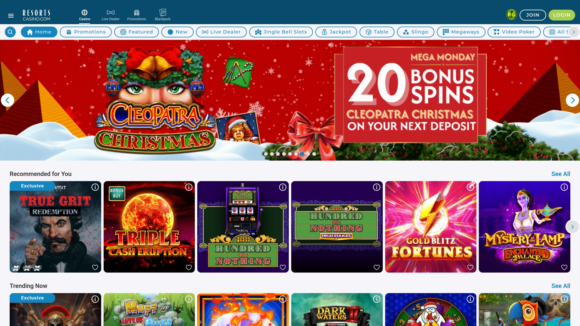 Page d'accueil du casino Resorts (version ordinateur)