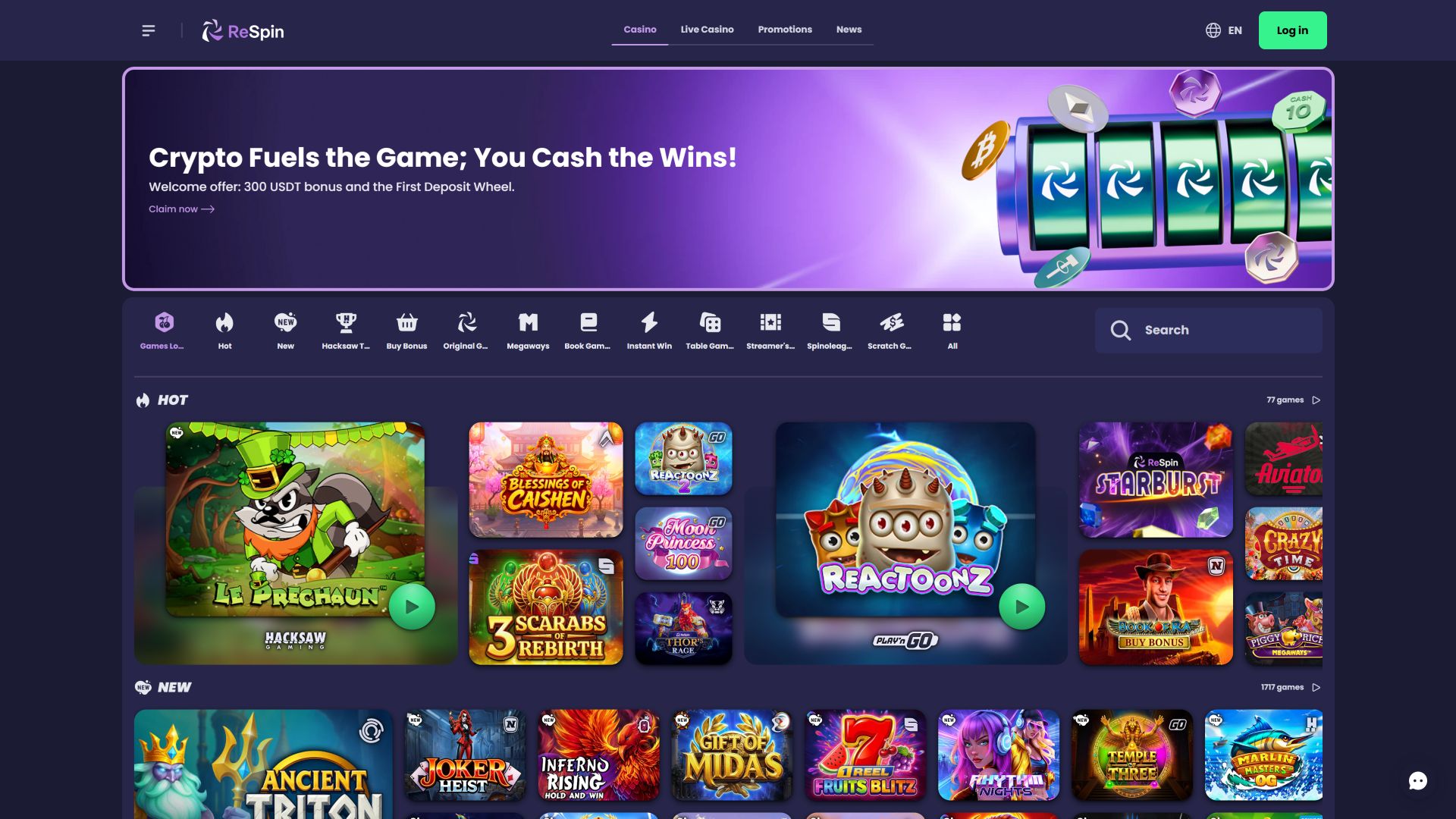 Page d'accueil du casino ReSpin pour ordinateur