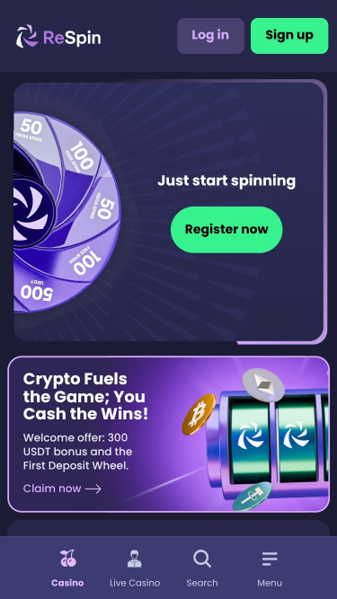 Page d'accueil mobile de ReSpin Casino
