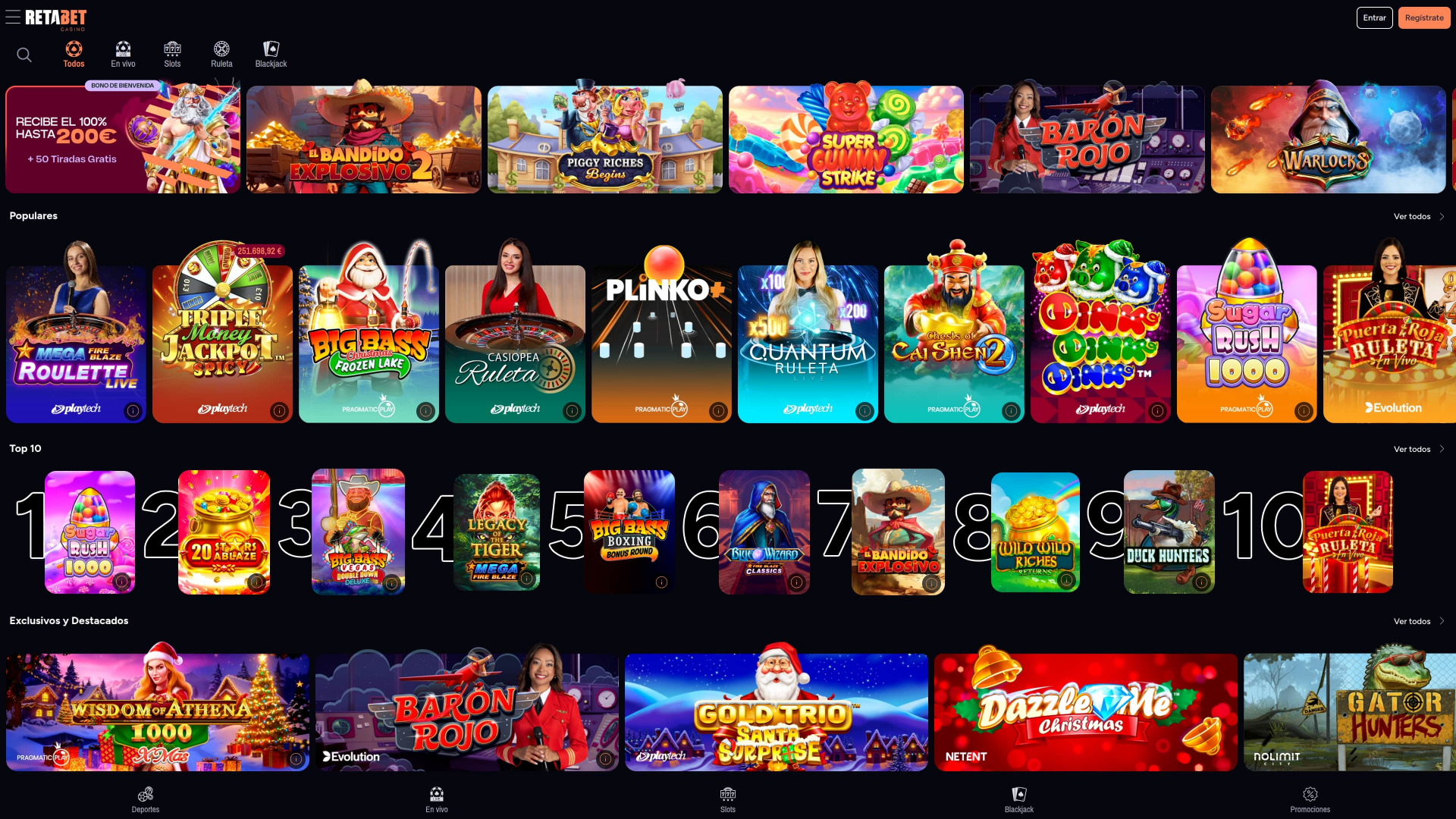 Pagina iniziale desktop di RetaBet