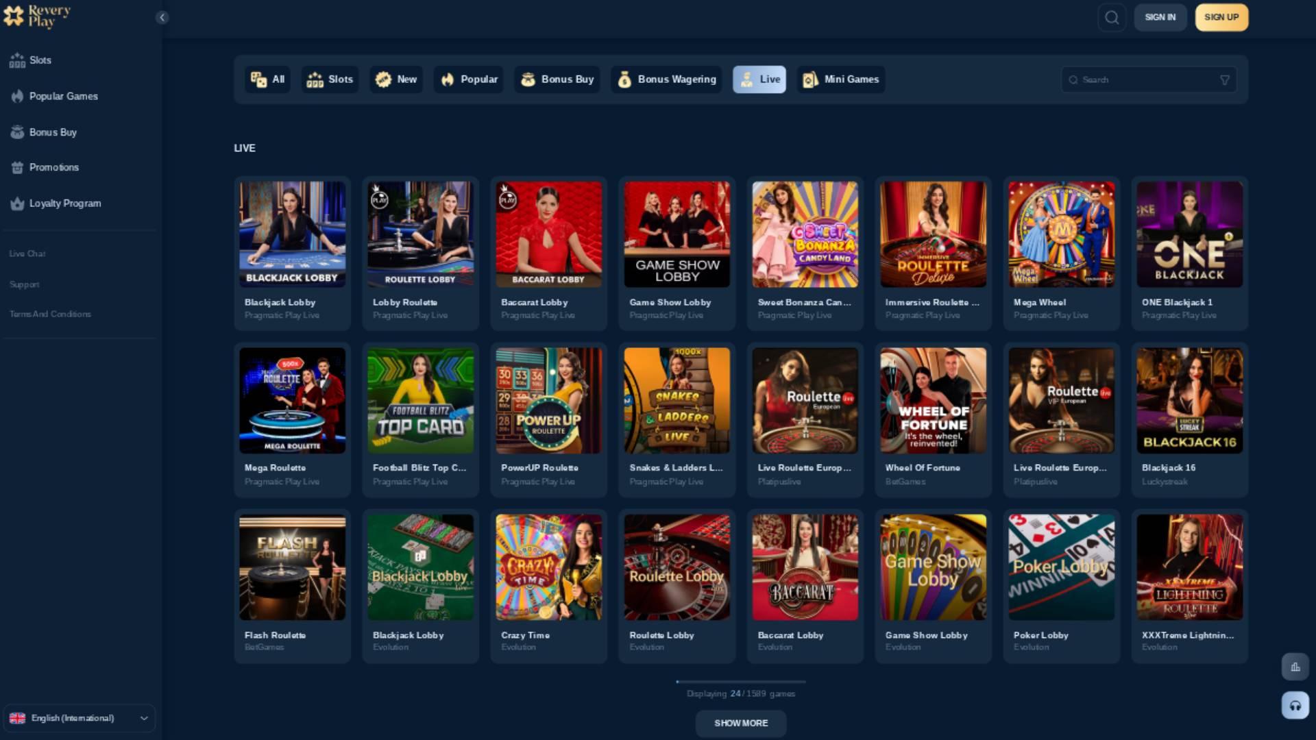 Capture d'écran en direct de la page du casino Reveryplay