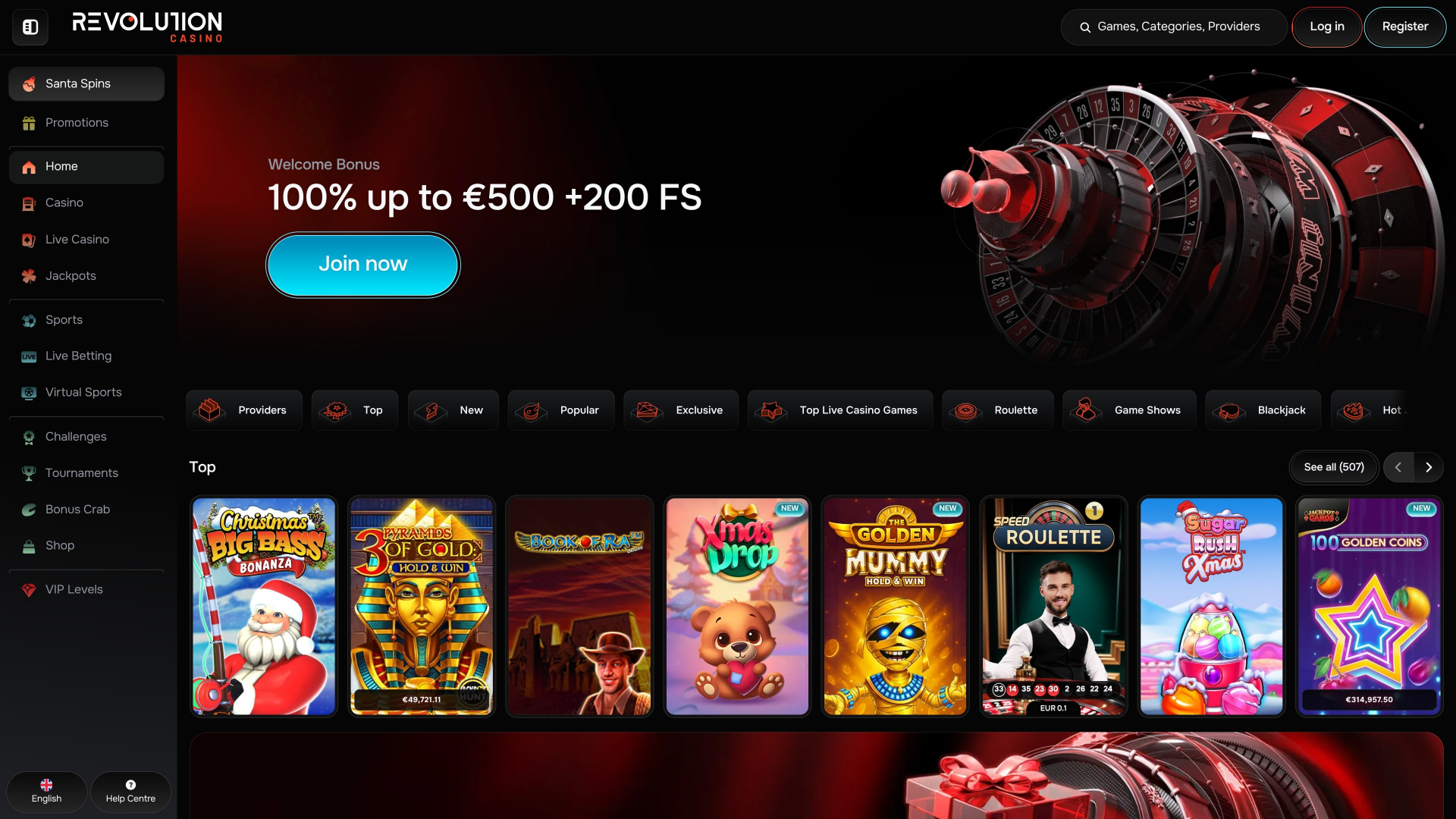 Главная страница Revolution Casino для настольных компьютеров