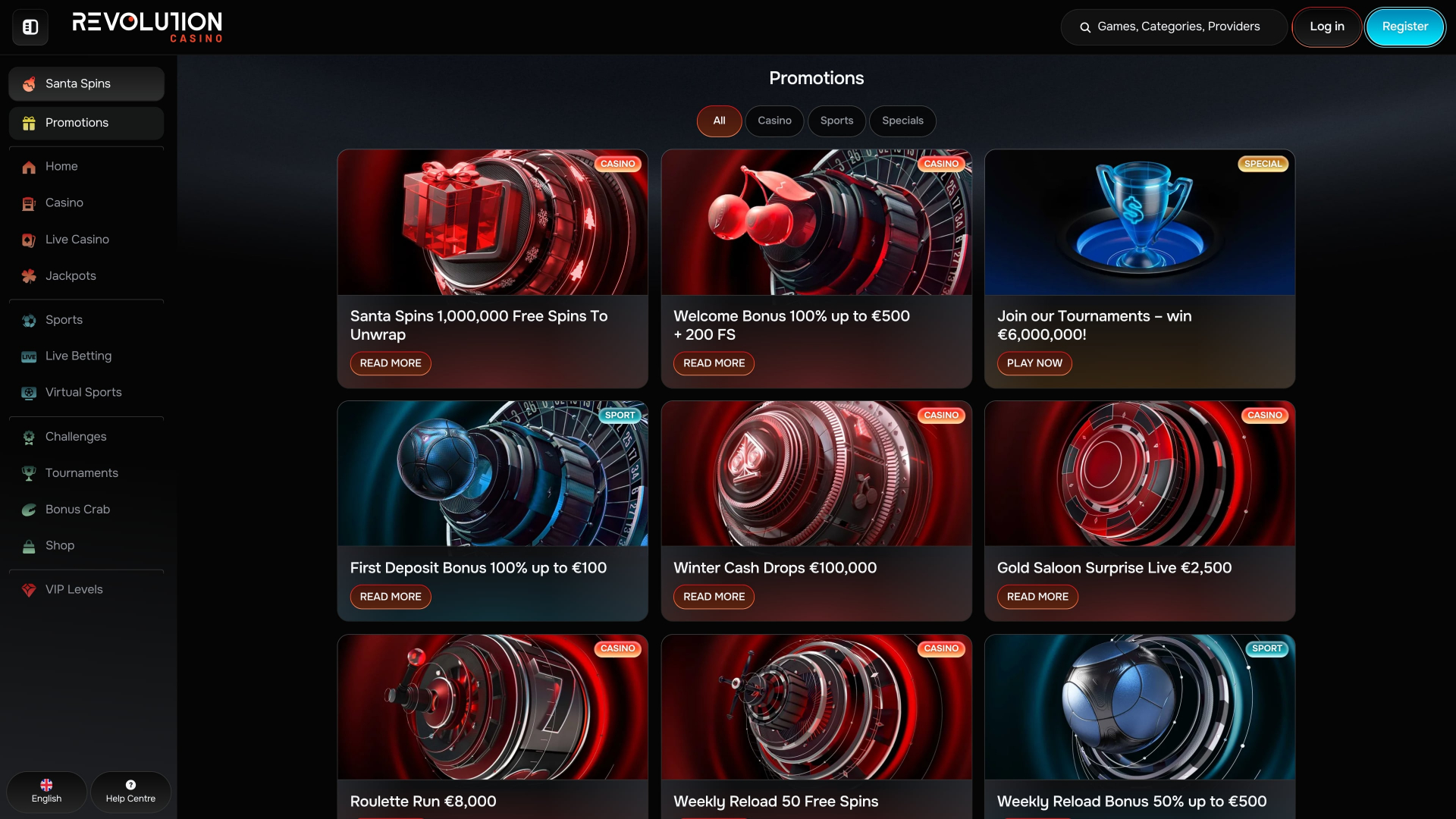 Акции для настольных компьютеров в Revolution Casino