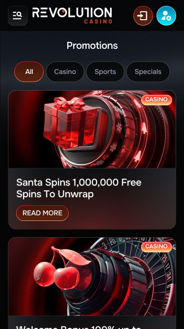 Акции мобильного приложения Revolution Casino