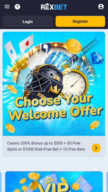 Мобильная версия сайта казино Rexbet