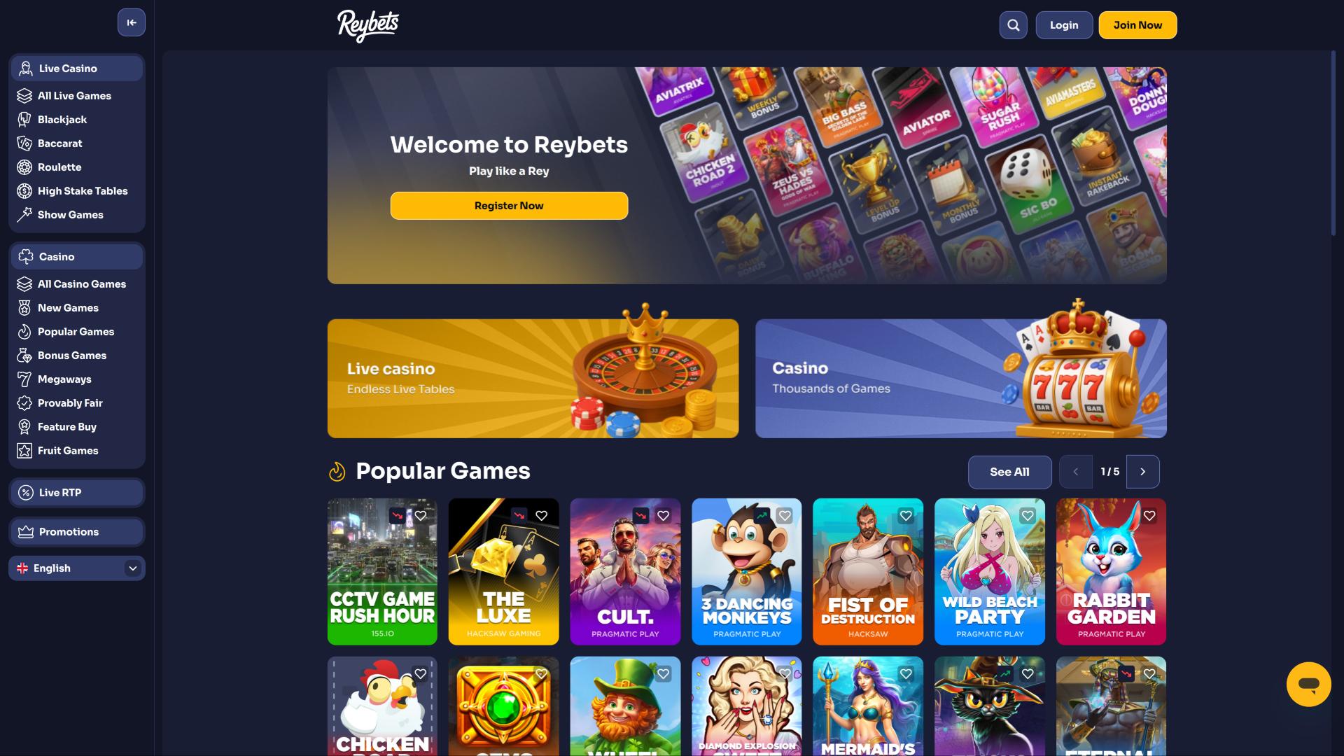 Page d'accueil du casino ReyBets