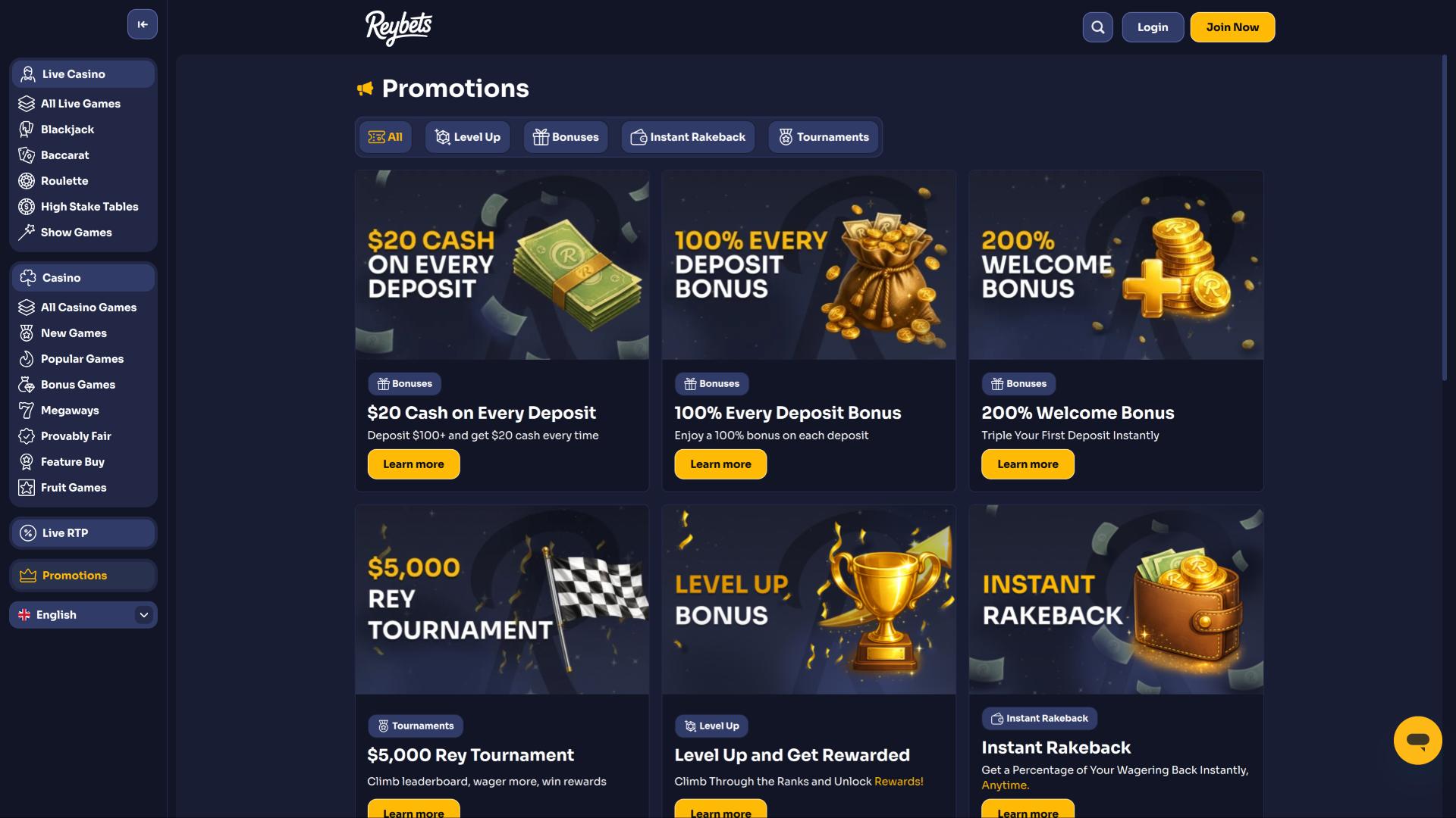 page des promotions du casino ReyBets