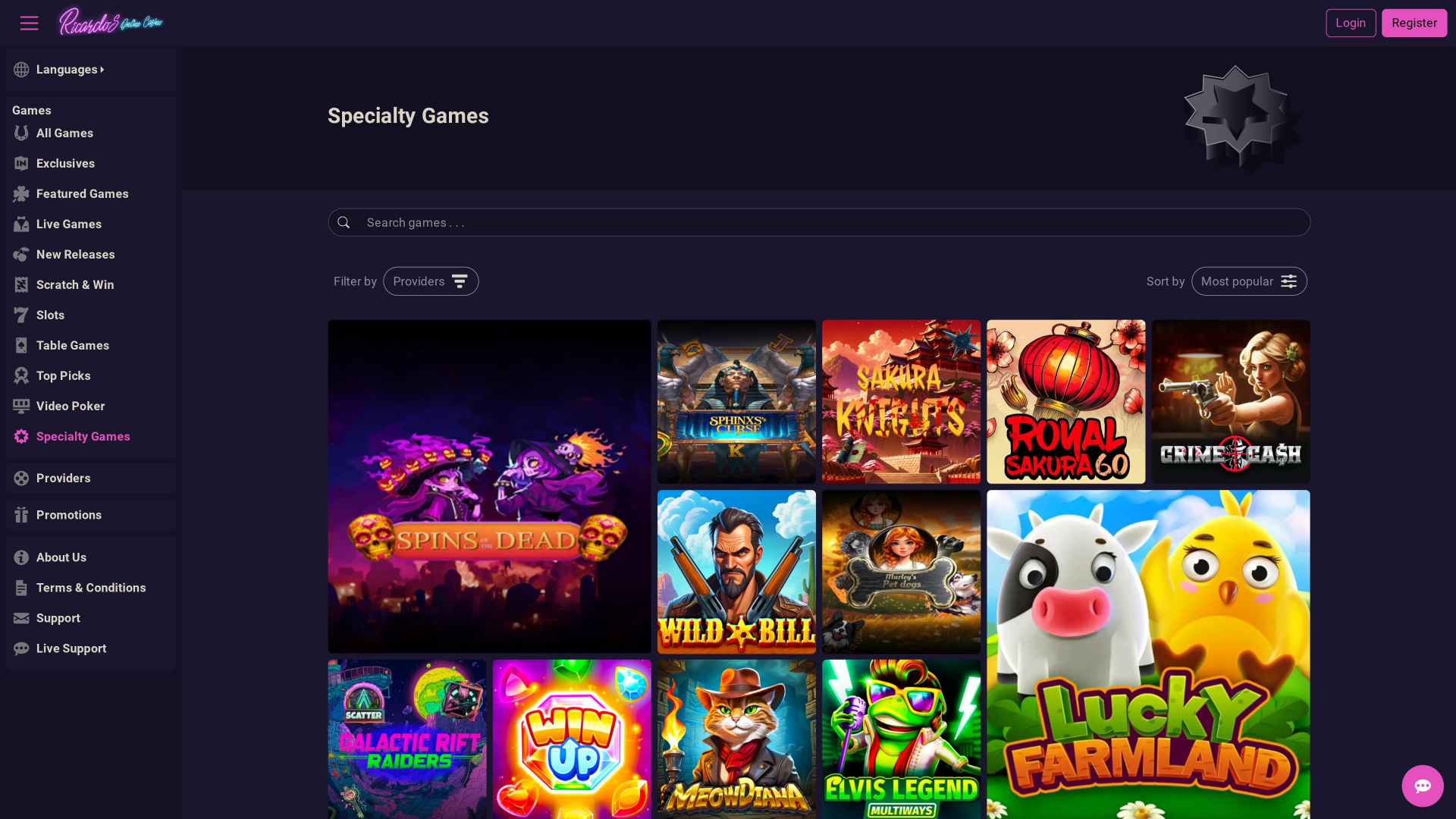 Jeux spéciaux de bureau du casino Ricardos