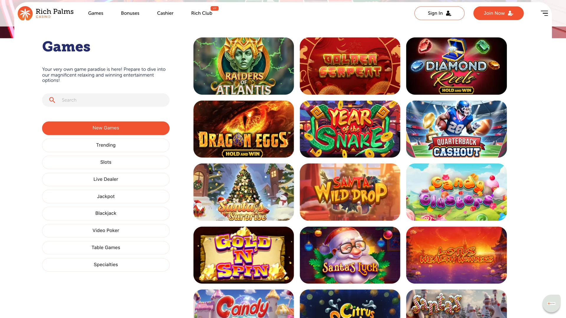 Jeux de casino Rich Palms sur ordinateur