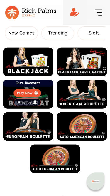 Casino mobile Rich Palms avec croupier en direct