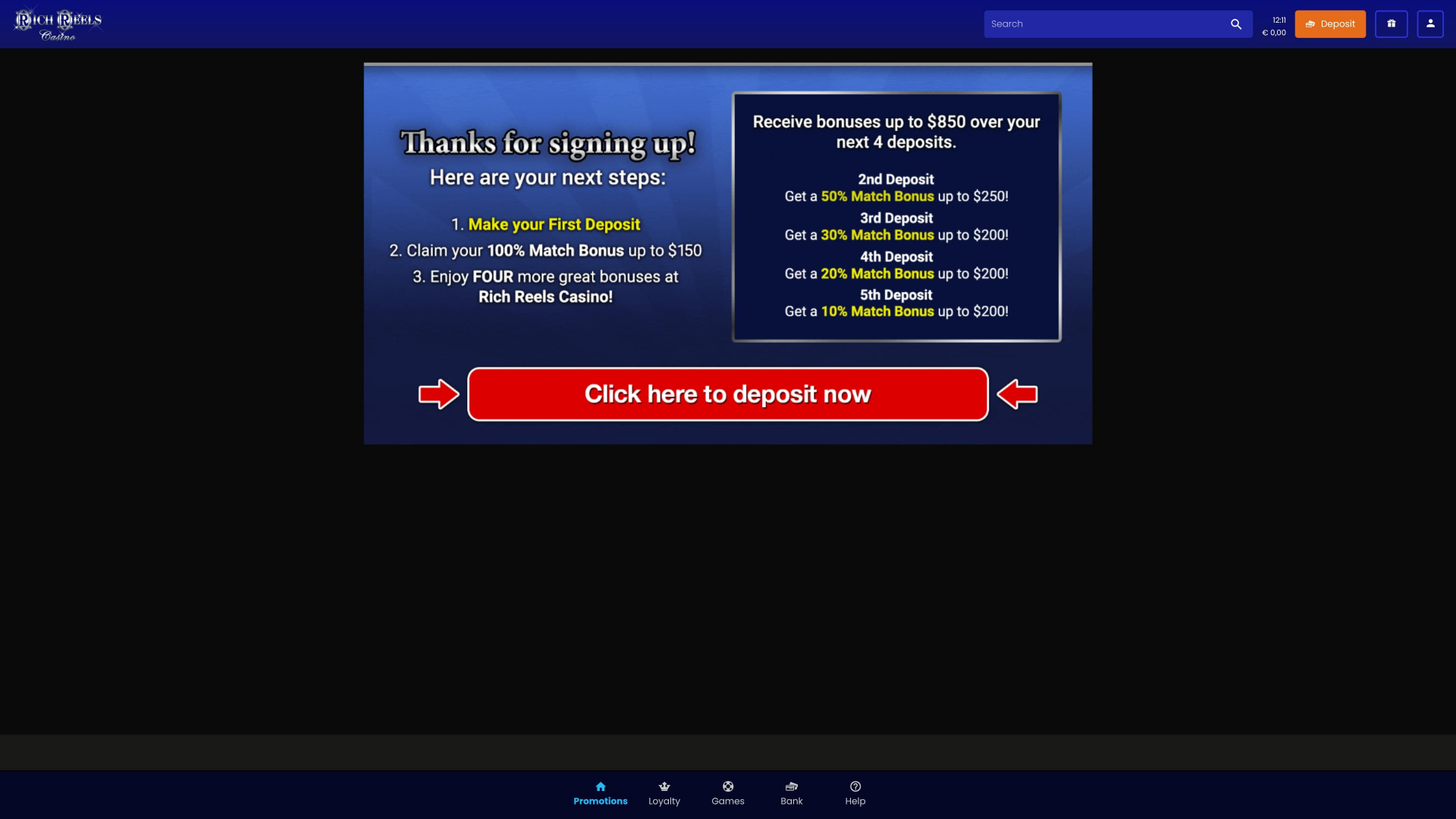 Promotions sur ordinateur de bureau au casino Rich Reels