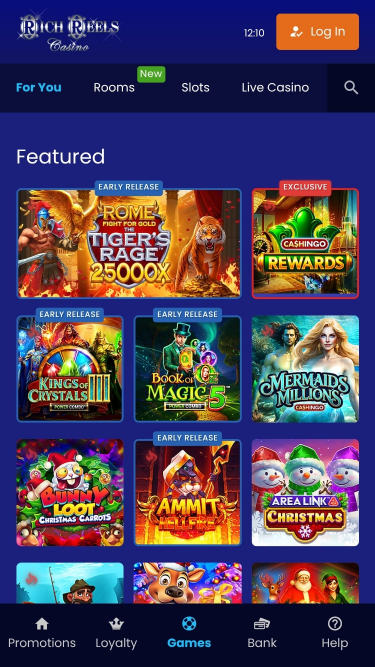 Page d'accueil mobile du casino Rich Reels
