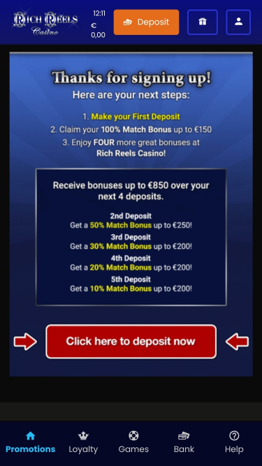 Promotions mobiles du casino Rich Reels