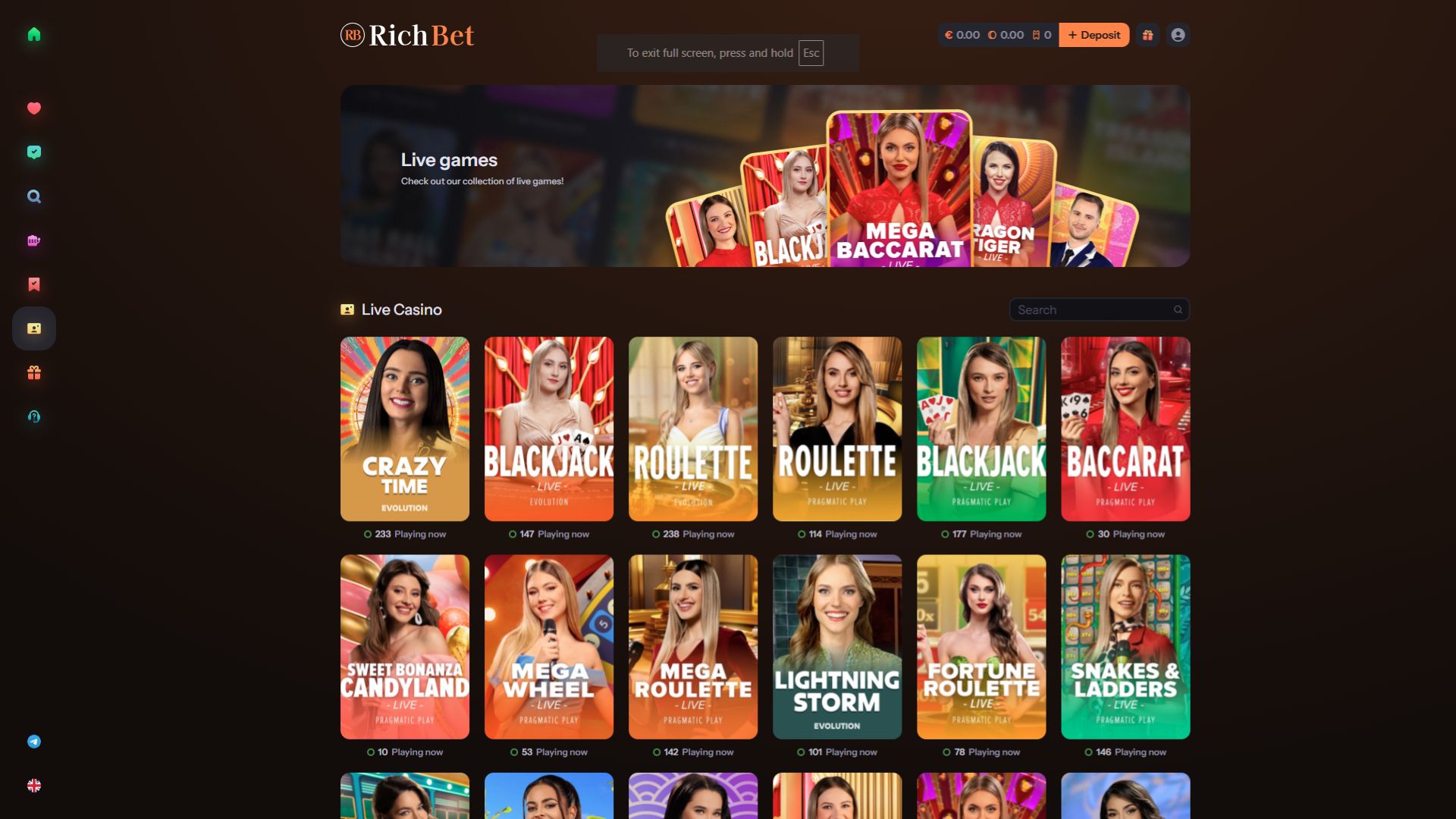 Casino RichBet sur ordinateur avec croupier en direct